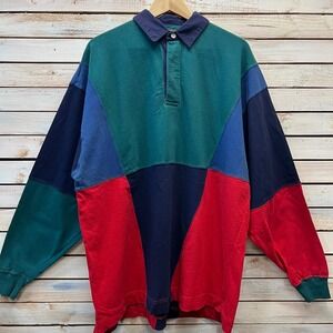 Vintage Colorblock Rugby Shirt 90s Oversized Polo Long‎ Sleeve Preppy XL